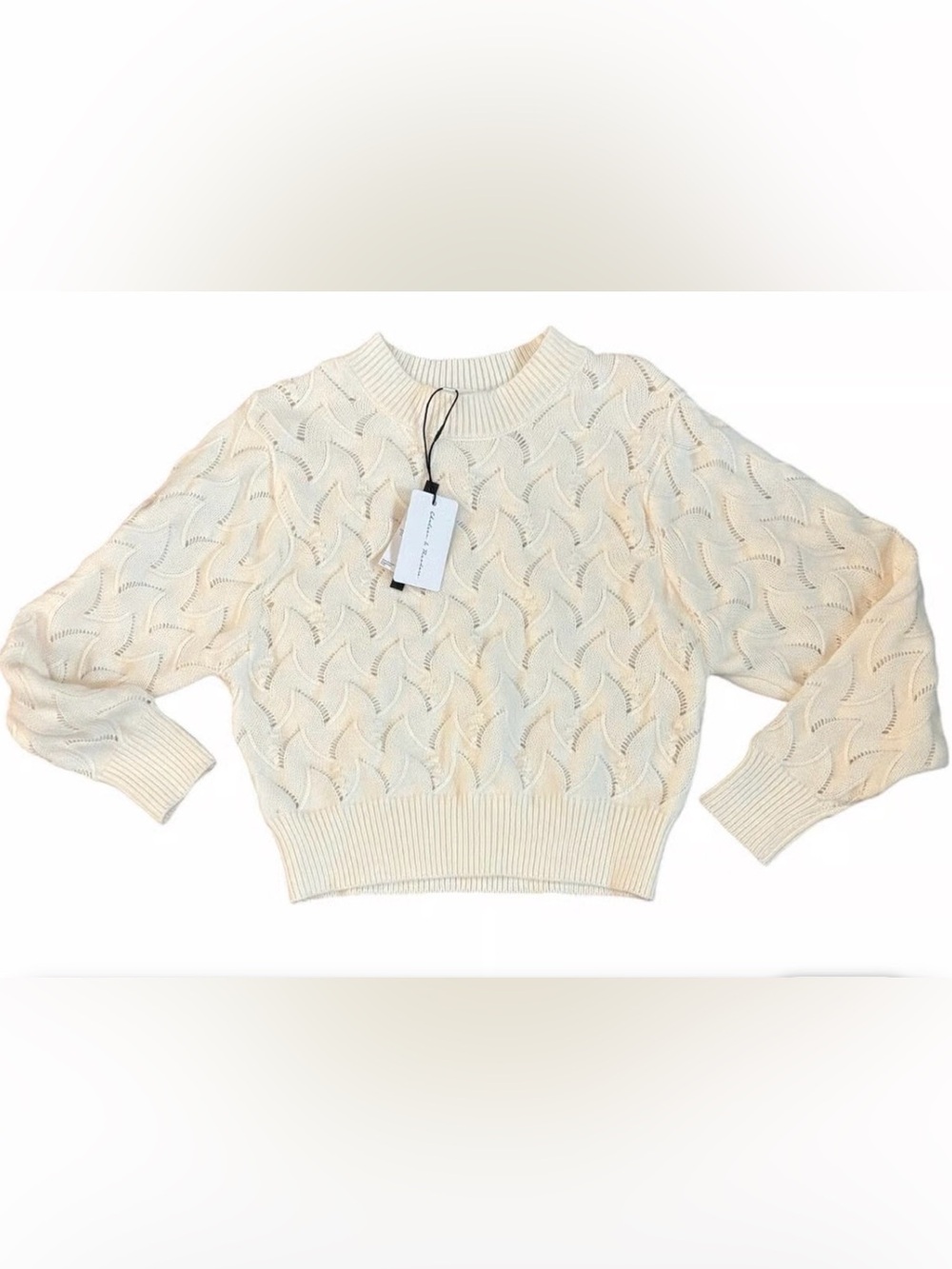 Chelsea and Theodore Cream Curved Open Pattern Knit Crewneck Sweater NEW